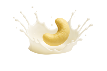 Fresh organic cashew nut falling into white milk splash isolated background creative vegan almond dairy alternative product concept with healthy nutrition texture macro view