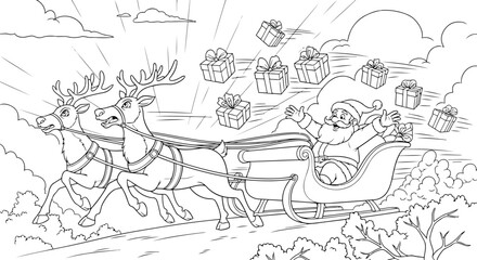 Vector art of santa claus flying in his sleigh pulled by reindeer, delivering presents during christmas, with gifts falling from the sky, in a winter scene with clouds and trees