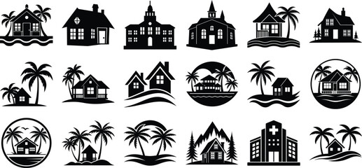 Tropical island houses bundle set and palm trees silhouettes vector illutration