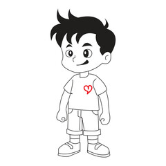 Cute Cartoon Boy with Heart on Shirt – Kids Character Illustration and Coloring Design