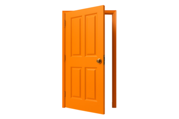 Bright orange door slightly open isolated on black background concept of opportunity choice entry security creativity welcome design architecture vibrant color glossy surface