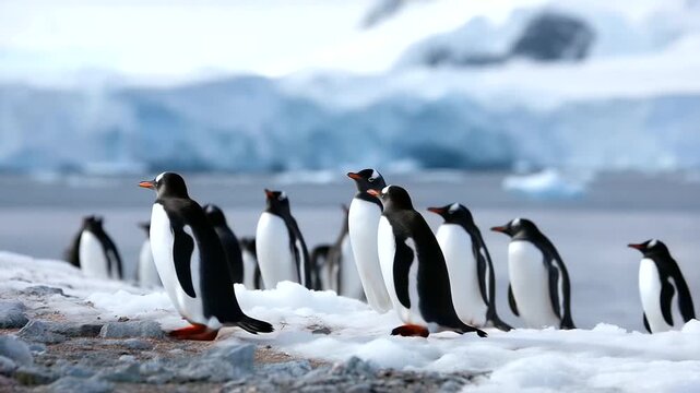 Gentoo penguins gathered on the icy Antarctic shore with blue glaciers and the Southern Ocean in the background. Gentoo penguins, Antarctica, wildlife, polar animals