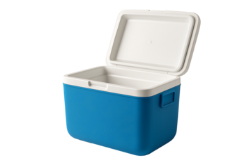Blue plastic cooler box with white lid open container isolated background picnic camping storage concept temperature preservation summer beverage ice keeping portable equipment
