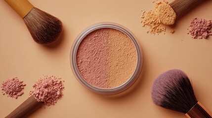 Elegant makeup powder and brushes for creating a flawless look, perfect for beauty blogs, cosmetic ads, or demonstrating makeup application techniques in tutorials and videos