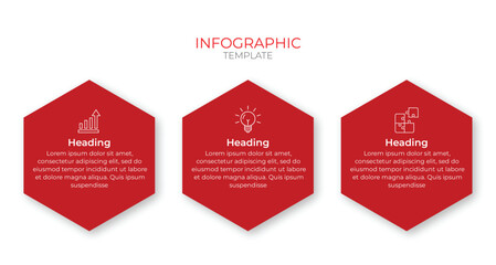 Modern 3 step red hexagon infographic template with icons and minimal design. Ideal for business presentations, workflow charts, and data visualization projects.
