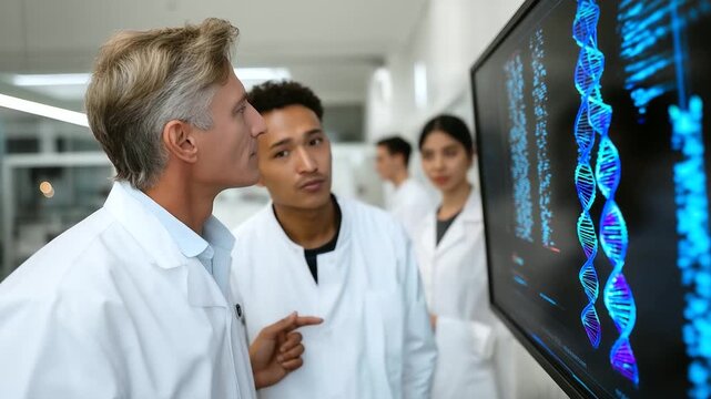 Male scientist pointing at digital DNA sequencing chart on large monitor, colleagues analyzing results