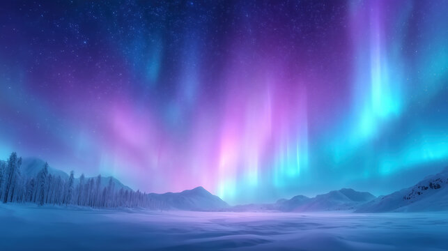 Colorful northern lights illuminate the night sky above a serene snow-covered landscape. Mountains stand tall in the background, creating a breathtaking scene of nature's beauty