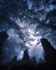 Ethereal Cemetery Scene with Fog and Shadows in Moonlight Beneath Trees and Monuments
