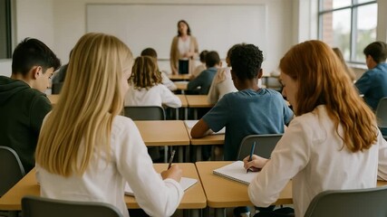 Classroom scene shows students focused on their work while teacher presents engaging lesson, highlighting educational environment and collaboration - Powered by Adobe