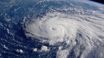 High-altitude view of a large, spiraling storm system over ocean and visible Earth curvature