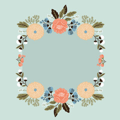 Decorative vintage frame with a floral pattern, executed in delicate tones. Flat vector illustration.