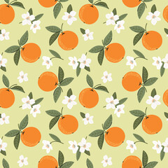Seamless pattern with orange fruits and flowers on a light green background, vector illustration in a flat style