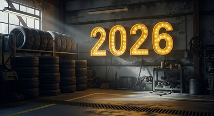 2026 New Year Sign in Auto Repair Garage, Bright Future