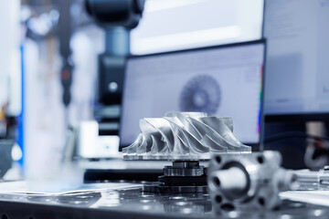 Cnc coordinate measuring machine analyzing precision metal turbine wheel