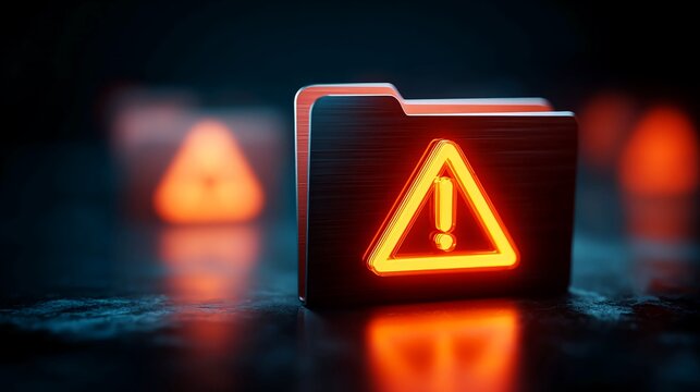 Glowing orange digital warning sign on a black folder represents data security breach, cyber threat alert, or system failure, emphasizing urgent risk and information protection needs.