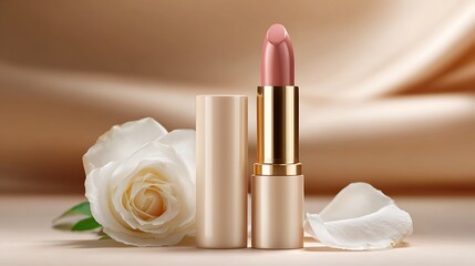 Luxury lipstick beauty product with white rose flower and gold packaging for makeup cosmetics brand