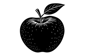 Black silhouette of an apple with a leaf isolated on white background