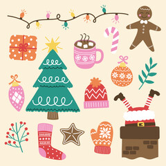 Colourful Christmas element set. Festive tree, ball, present, sock, cookie, cup, hat, sweater, gloves. Vector illustration