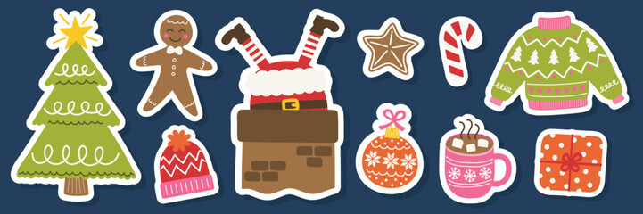 Colourful Christmas sticker set. Festive tree, ball, present, sock, cookie, cup, hat, sweater, gloves. Vector illustration