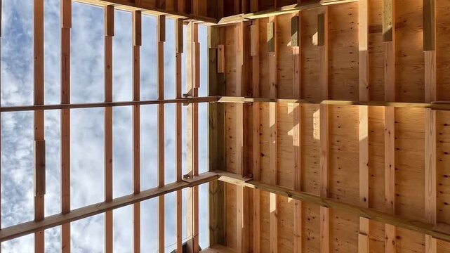 a low angle view of the roof rafters of a barn