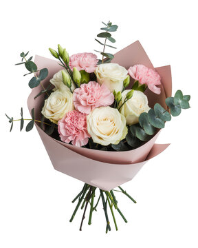 A bouquet of Transparent Background white roses and pink carnations with eucalyptus leaves flowers