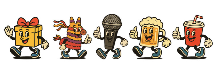 Vintage happy cartoon characters of gift, pinata, beer and soda celebrating a party event
