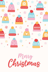 Colourful Christmas greeting card with cartoon winter hats. Vector illustration