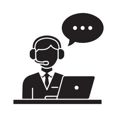 Monochromatic Flat Design Icon of Customer Support Agent with Laptop