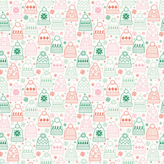 Seamless pattern with cute cartoon winter hats. Christmas background design. Vector illustration