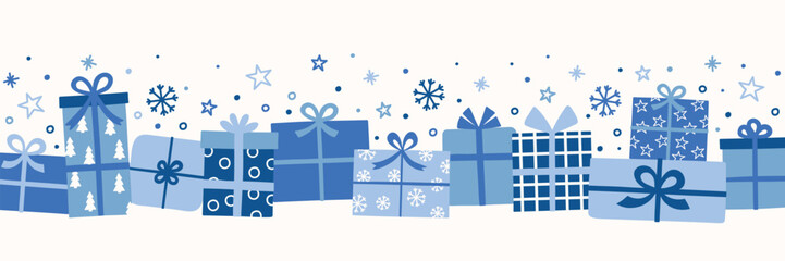 Christmas banner with hand drawn presents with bows. Vector illustration