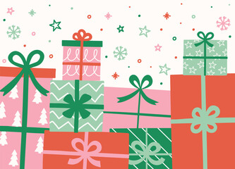 Colourful Christmas background with cute gift boxes. Template with festive decoration. Vector illustration