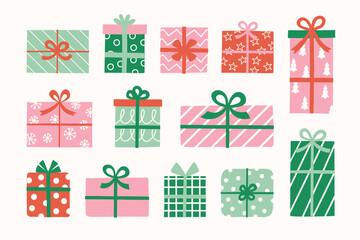 Collection of colourful hand drawn gift boxes. Christmas elements. Vector illustration