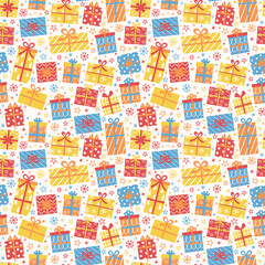Cute hand drawn gift boxes background. Design of a Christmas seamless pattern. Banner. Vector illustration