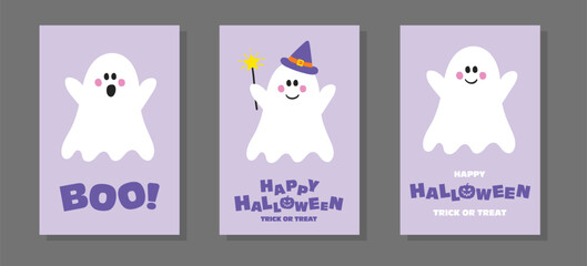 Happy Halloween. Cute cards with hand drawn ghost. Set. Vector illustration