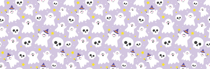 Halloween background. Seamless texture with cute ghosts and skulls. Banner. Vector illustration
