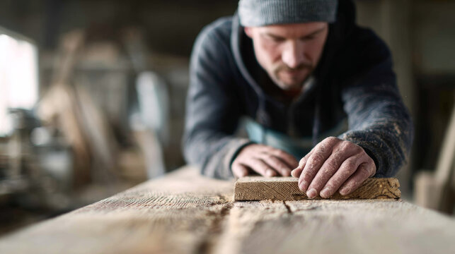 Man focusing on sanding a wooden surface by hand, creating fine sawdust in a rustic workshop, representing dedication to manual work and woodworking craft