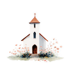 Watercolor Catholic Church Painting Isolated on White Background