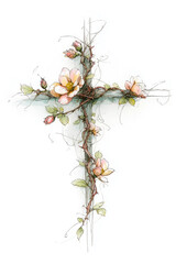 Easter Cross Made of Flowers Watercolor Isolated on White Background