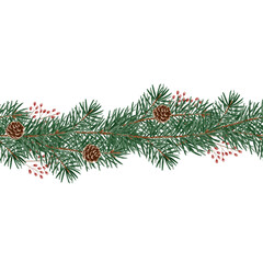 Watercolor Christmas garland with pine branches, pine cones, and red berries. Hand-painted winter border, perfect for greeting cards, invitations, wrapping paper, and holiday decorations.