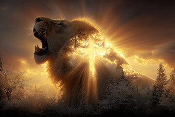Lion of Judah with Bright Sunny Christian Cross Religion Symbol