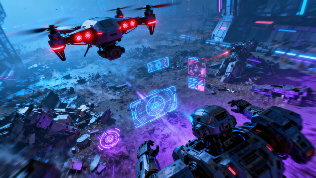 A robot stands in a destroyed landscape, reaching out towards a flying drone. Neon lights illuminate the scene while holographic screens display information, adding to the futuristic atmosphere