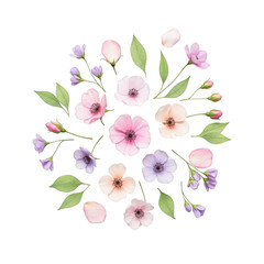 Fototapeta premium Delicate watercolor floral arrangement in soft hues with green leaves on black isolated on transparent background