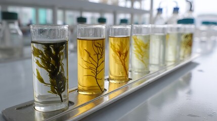 Scientific exploration of marine algae specimens in laboratory test tubes showcasing diverse aquatic plant life and research materials