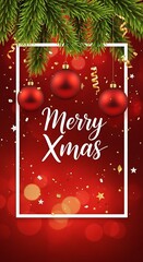 Merry xmas greeting with red baubles, confetti, and pine branches on a festive red background with bokeh lights