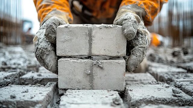 A construction worker stacking bricks into a pile on a job site