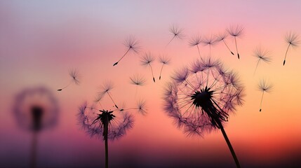 Obraz premium Gentle dandelions release seeds into a breathtaking sunset gradient sky, symbolizing hope and new beginnings in nature's embrace.