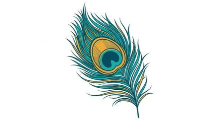 Elegant peacock feather illustration with blue and gold on a clean white backdrop