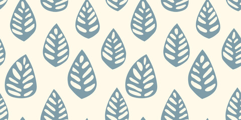 Vector seamless pattern with funky childish paper cut leaves. Cute botanical texture with blue foliage shapes, minimal background. Repeated floral design for decor, textile, print, wrap, wallpaper