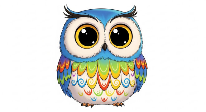 Cute cartoon owl with big eyes and colorful feathers against a white background