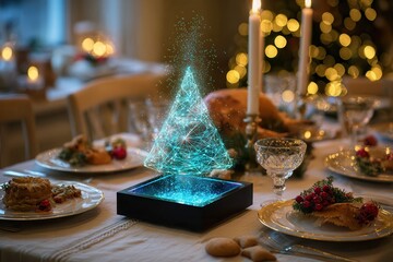 festive Christmas table is set with glowing blue crystalline box, plates of food, and blurred holiday lights, evoking warmth and celebration, joyful family moment, winter celebration